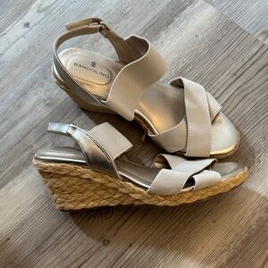 Bandolino Cream and Metallic Gold Espadrille Wedge Sandals
